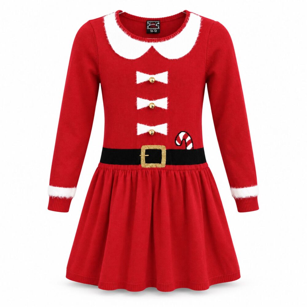Santa Sweater Dress Christmas Elf Girls 10–12 L Red Jingle Bells Holiday Festive